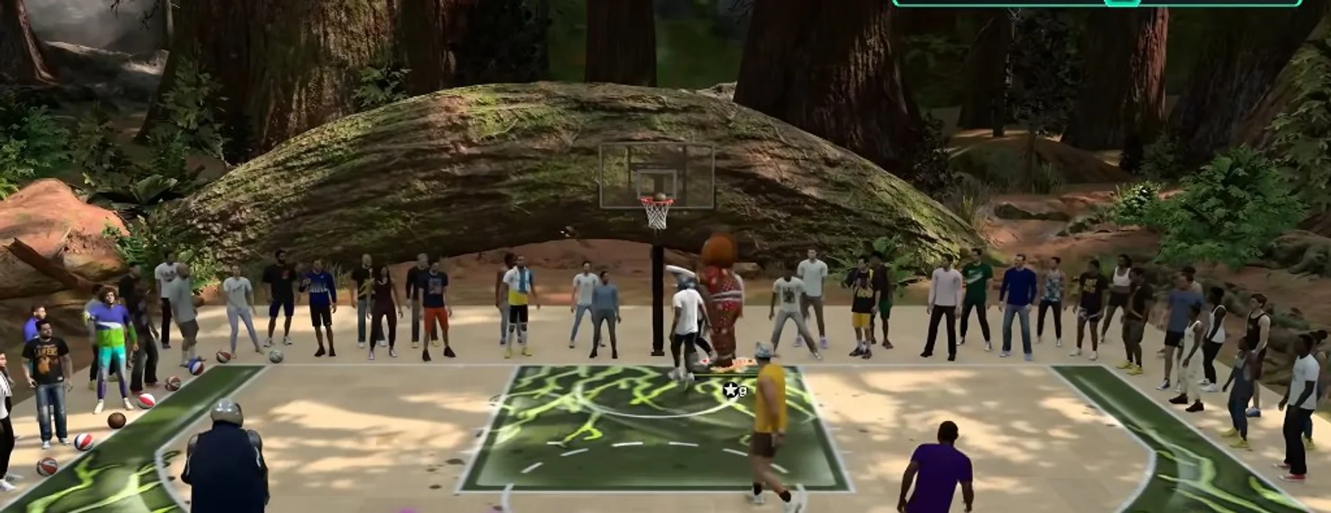 NBA 2K27 wide view of a park run with players around the court